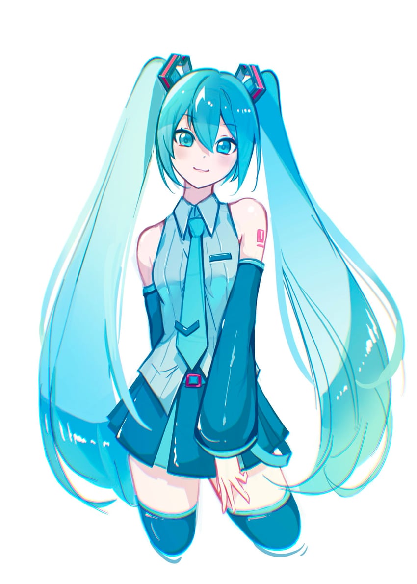 VOCALOID、初音未来、初音未来 (Vocaloid6) 1名女孩 水色瞳 水色发 水蓝色领带 露肩