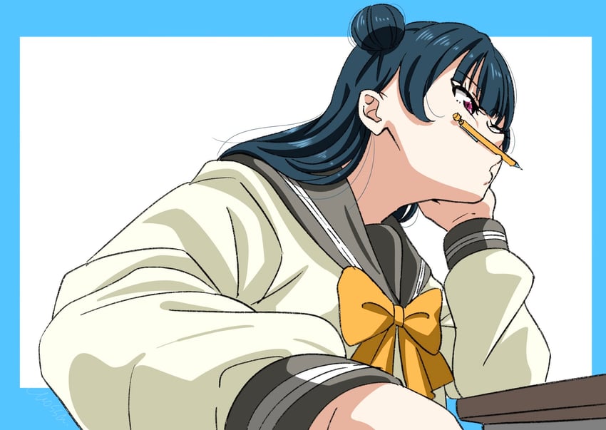 Love Live!、Love Live! Sunshine!!、津岛善子 1名女孩 蓝色边框 蓝发 边框 蝴蝶结