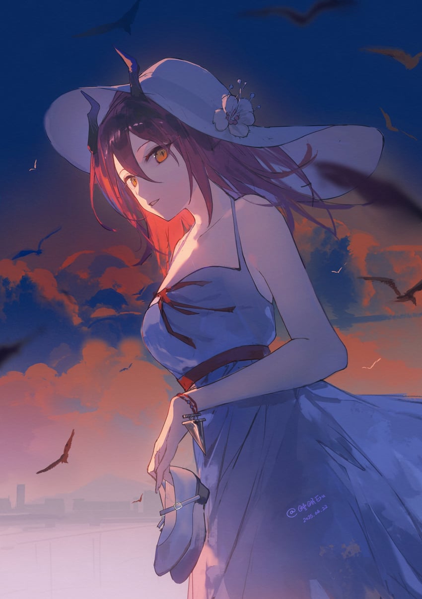 明日方舟、阿斯卡伦 (明日方舟) 1名女孩 替换服装 手臂放在侧边 鸟 蝴蝶结