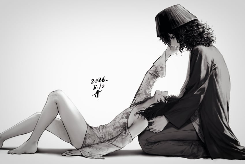 希特内克斯、Kobaryo (角色) 2名女孩 画师本人 赤脚 渔夫帽 卷发