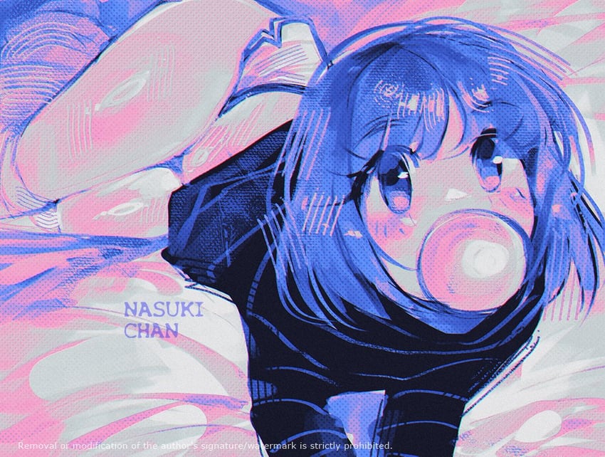 原创 1名女孩 作者名 黑衬衫 吹泡泡糖 蓝眼