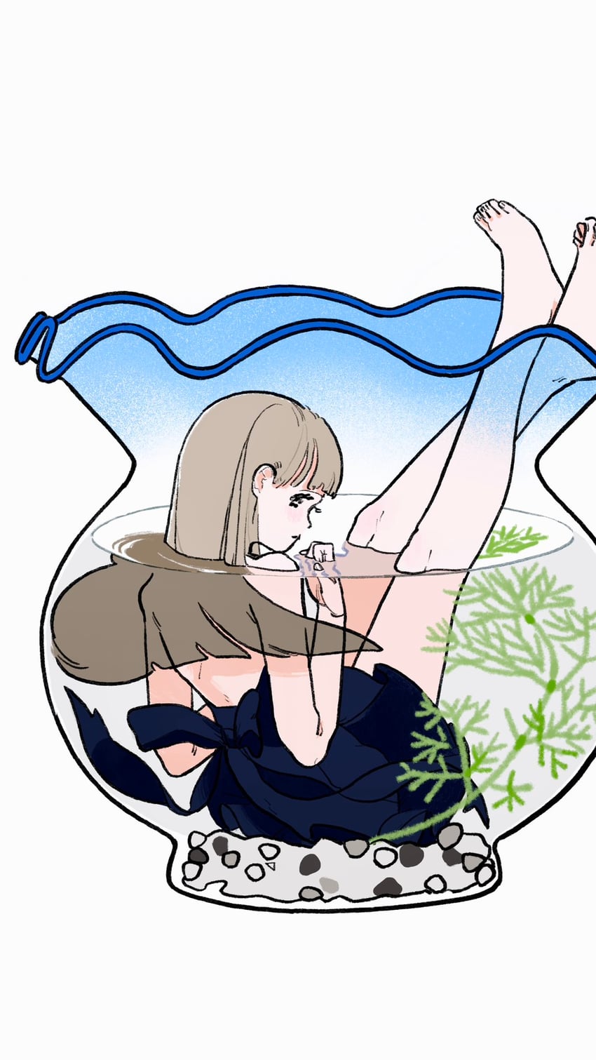 原创 1名女孩 水族馆 露背 赤脚 黑色连衣裙