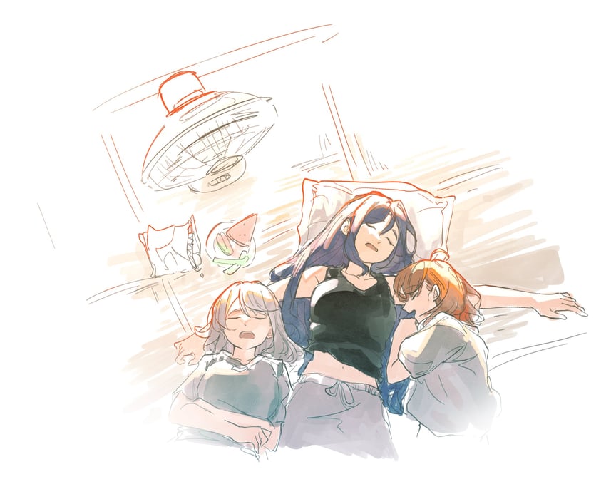 Love Live!、Love Live! Sunshine!!、松浦果南 3人女子 黑色背心 蓝发 大笑脸 电风扇