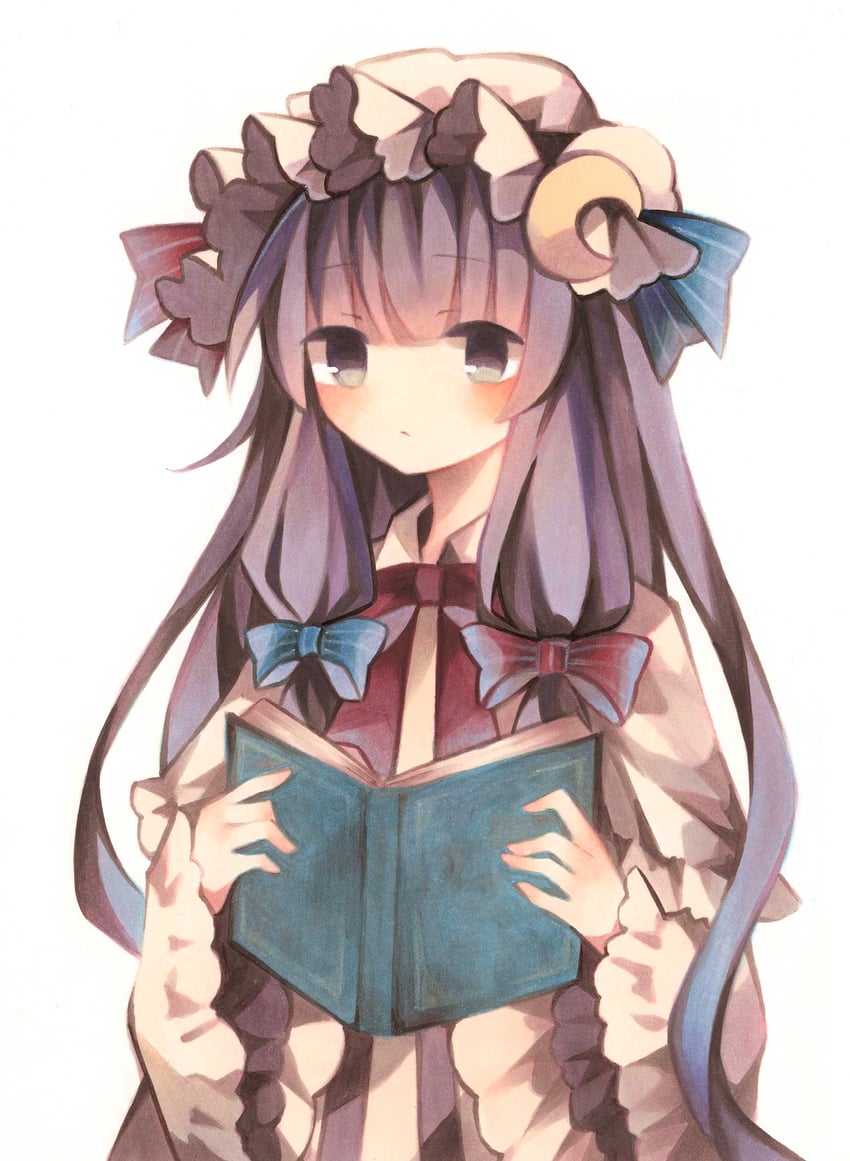 东方Project、帕秋莉·诺蕾姬 1名女孩 蓝色蝴蝶结 脸红 书 蝴蝶结