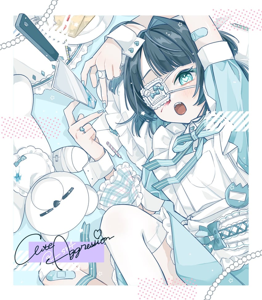 原创 1名女孩 围裙 举手 创可贴 黑发