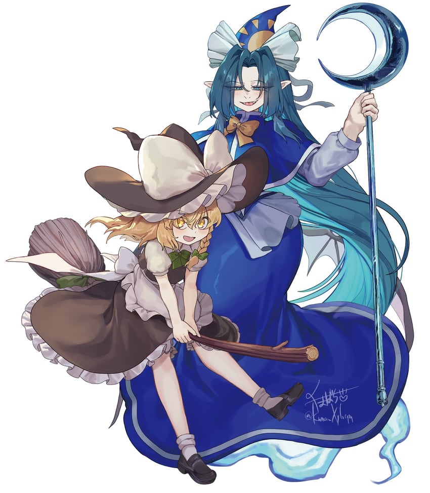 东方Project、东方Project (PC-98)、雾雨魔理沙 2名女孩 围裙 水色瞳 水色发 黑色连衣裙
