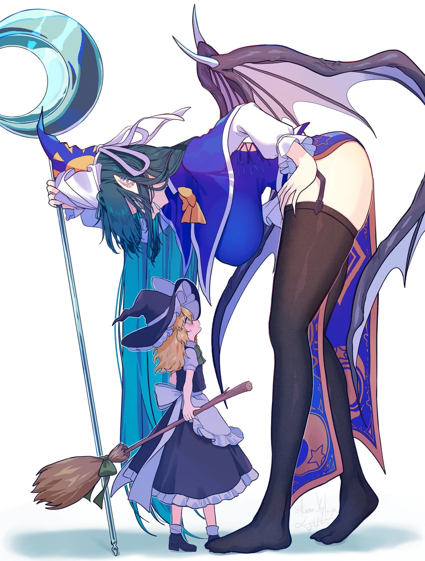 东方Project、东方Project (PC-98)、雾雨魔理沙 2名女孩 围裙 后背蝴蝶结 黑帽子 黑色裙子
