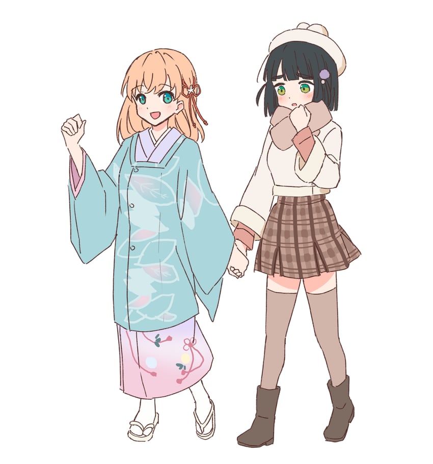 Love Live!、Love Live! 莲之空女学院学园偶像部、日野下花帆 2名女孩 针织帽 黑色靴子 黑发 脸红