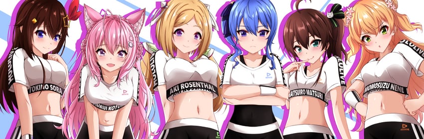 Hololive、亚绮·罗森塔尔、博衣小夜里 6个以上女孩 兽耳 弯腰 黑色紧身连体衣 黑裤子