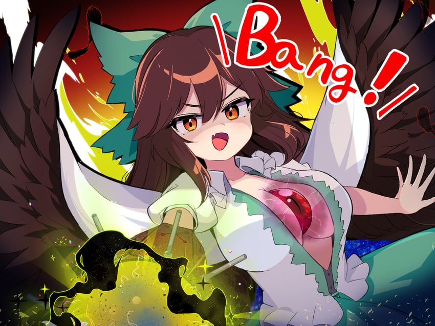 东方Project、灵乌路空 1名女孩 手臂炮 attacking viewer 鸟翼 蓝色披风