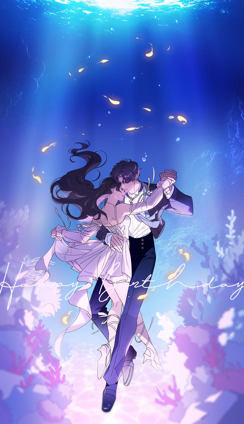 恋与深空、主角 (恋与深空)、祁煜 (恋与深空) 1名男孩 1名女孩 搂着他人的腰 露肩 黑发