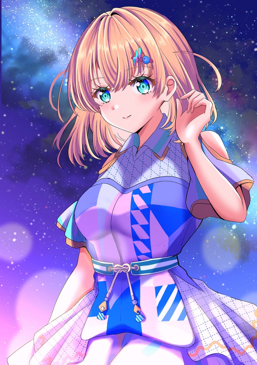 幻妖夜行、Love Live!、Love Live! 莲之空女学院学园偶像部 1名女孩 水色瞳 露肩 蓝色连衣裙 蓝天