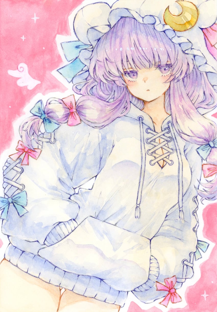 东方Project、帕秋莉·诺蕾姬 1名女孩 替换服装 大腿间可见臀部 蓝色蝴蝶结 没穿下装