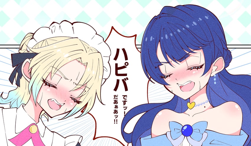 超尊的爱、Love Live!、Love Live! 莲之空女学院学园偶像部 2名女孩 露肩 金发 蓝色连衣裙 蓝发