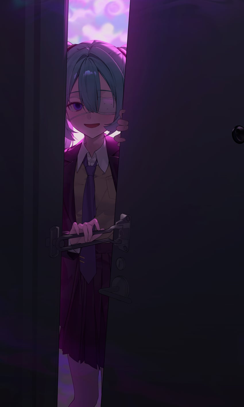 监控 (Vocaloid)、VOCALOID、初音未来 1名女孩 水色发 脸红 棕色裙子 有领衬衫