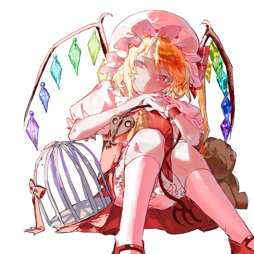 东方Project、芙兰朵露·斯卡蕾特 1名女孩 阿斯科特领巾 鸟笼 金发 灯笼裤