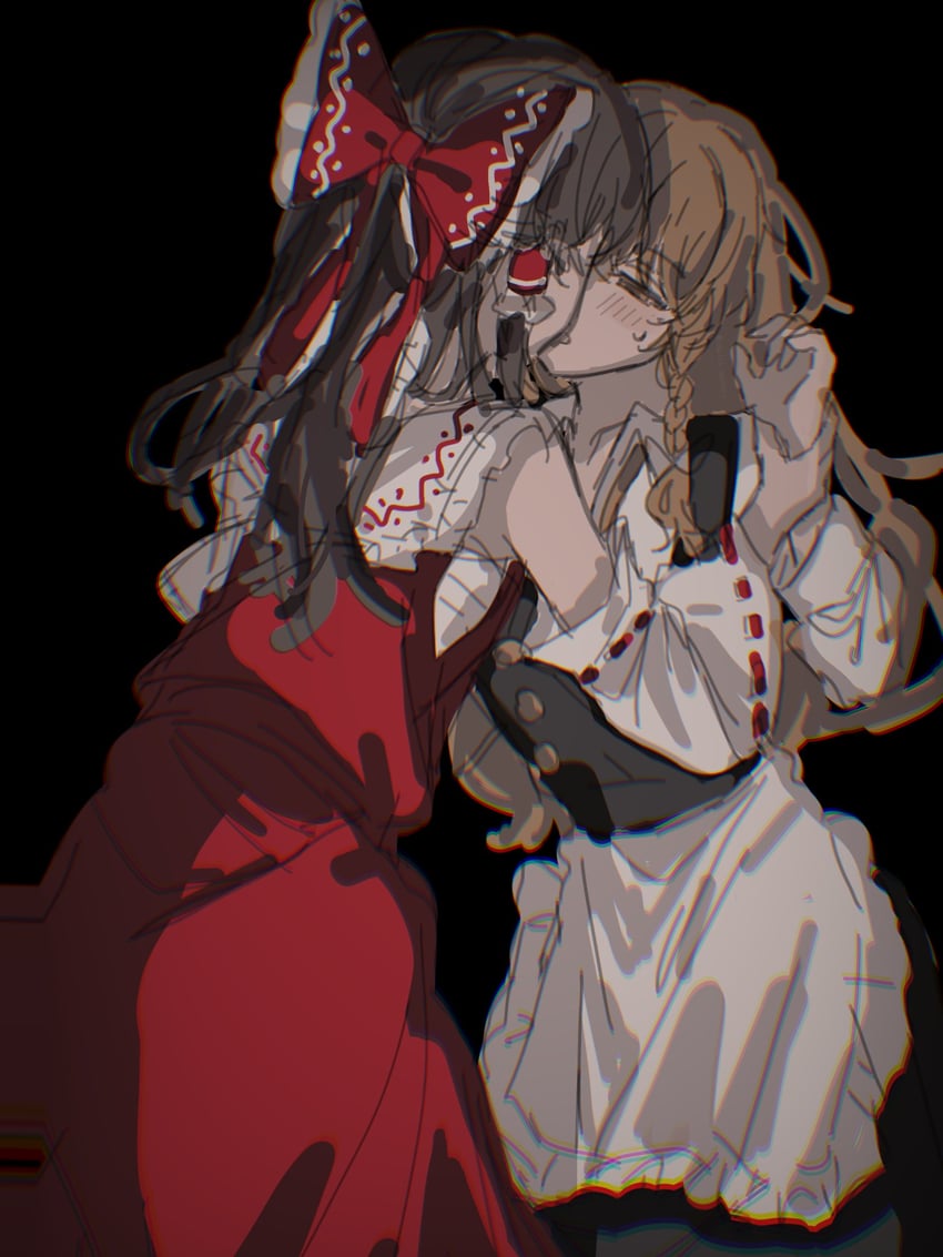 东方Project、博丽灵梦、雾雨魔理沙 2名女孩 围裙 黑色背景 黑色裙子 黑色马甲