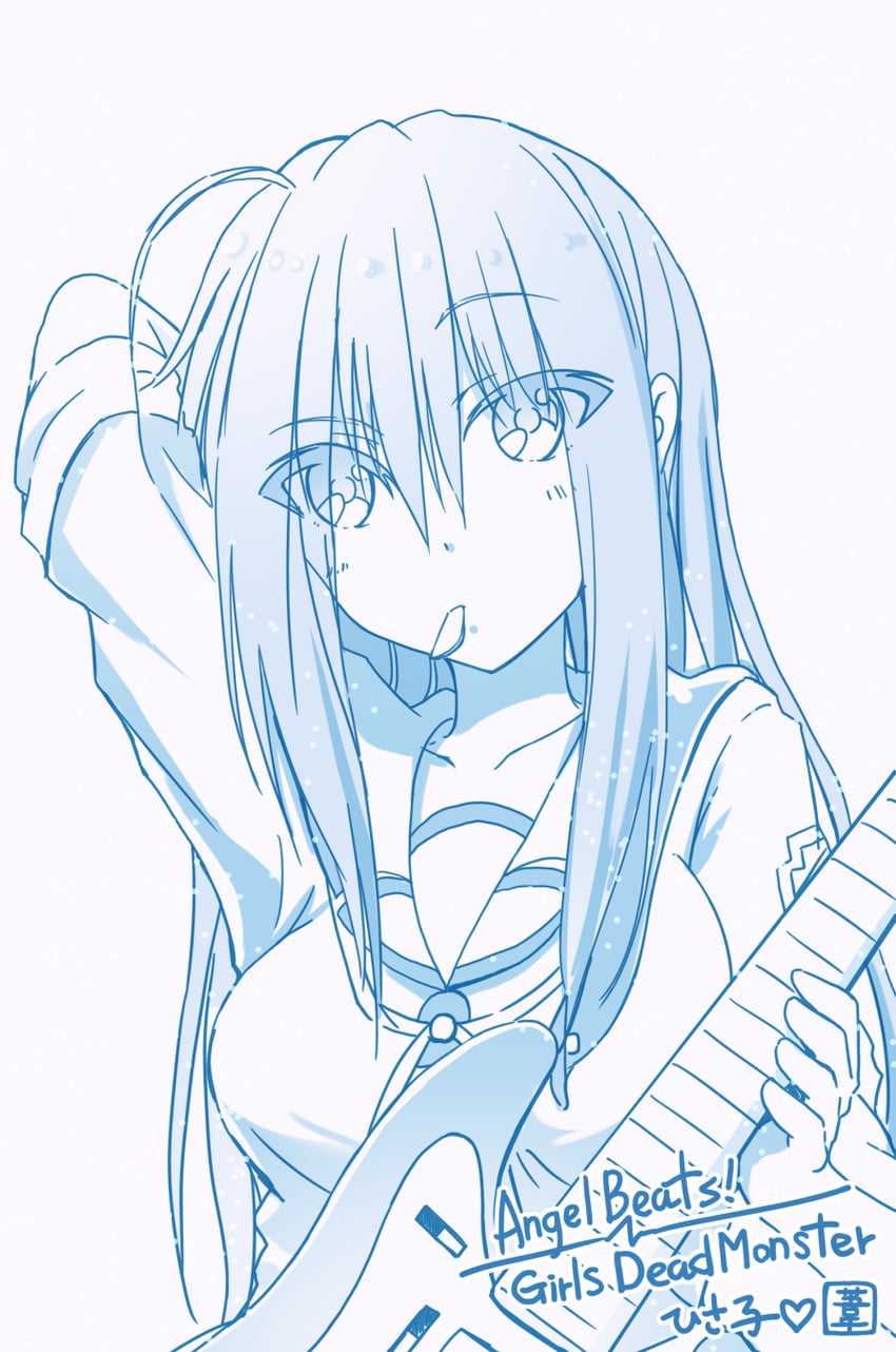 Angel Beats!、久子 1名女孩 呆毛 不同发型 手放在头后 蓝色背景