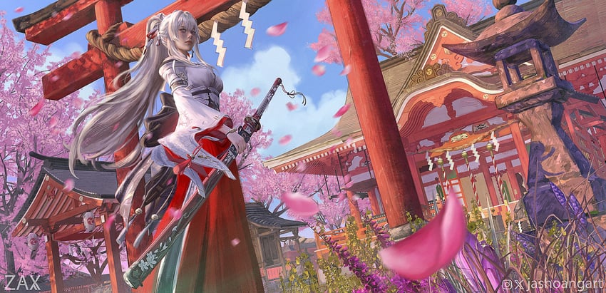 鸣潮、灯灯 (鸣潮) 1名女孩 建筑 露肩 樱花 东亚建筑