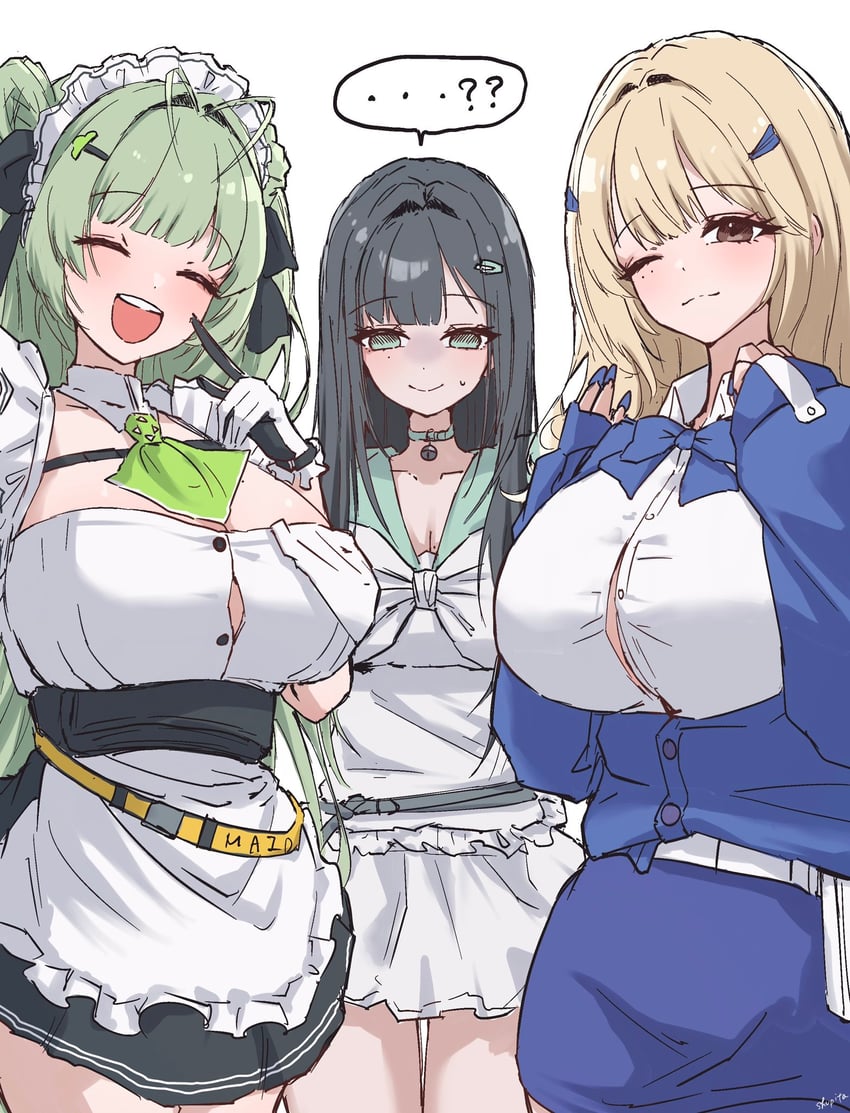胜利女神：妮姬、薄荷 (妮姬)、索达 (妮姬) 3人女子 臂环 黑发 金发 蓝色蝴蝶结