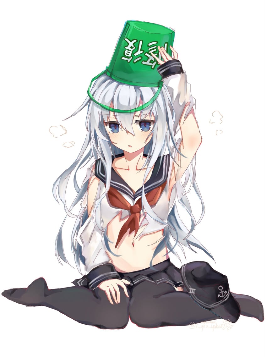 舰队Collection、响 1名女孩 惊讶 锚 锚标志 黑色过膝袜
