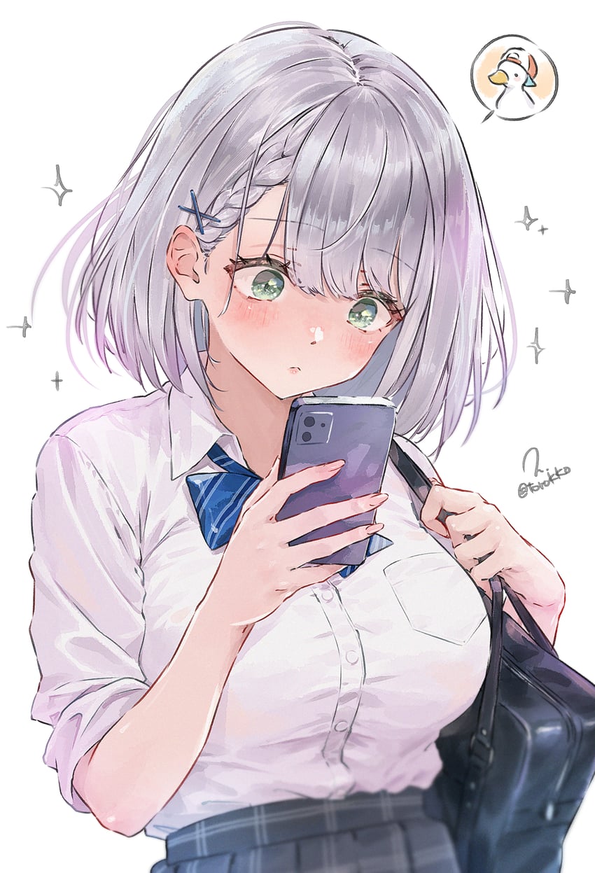 Hololive、白银诺艾尔、白银诺艾尔 (校服) 1名女孩 包 蓝色蝴蝶结 蓝色领结 蝴蝶结