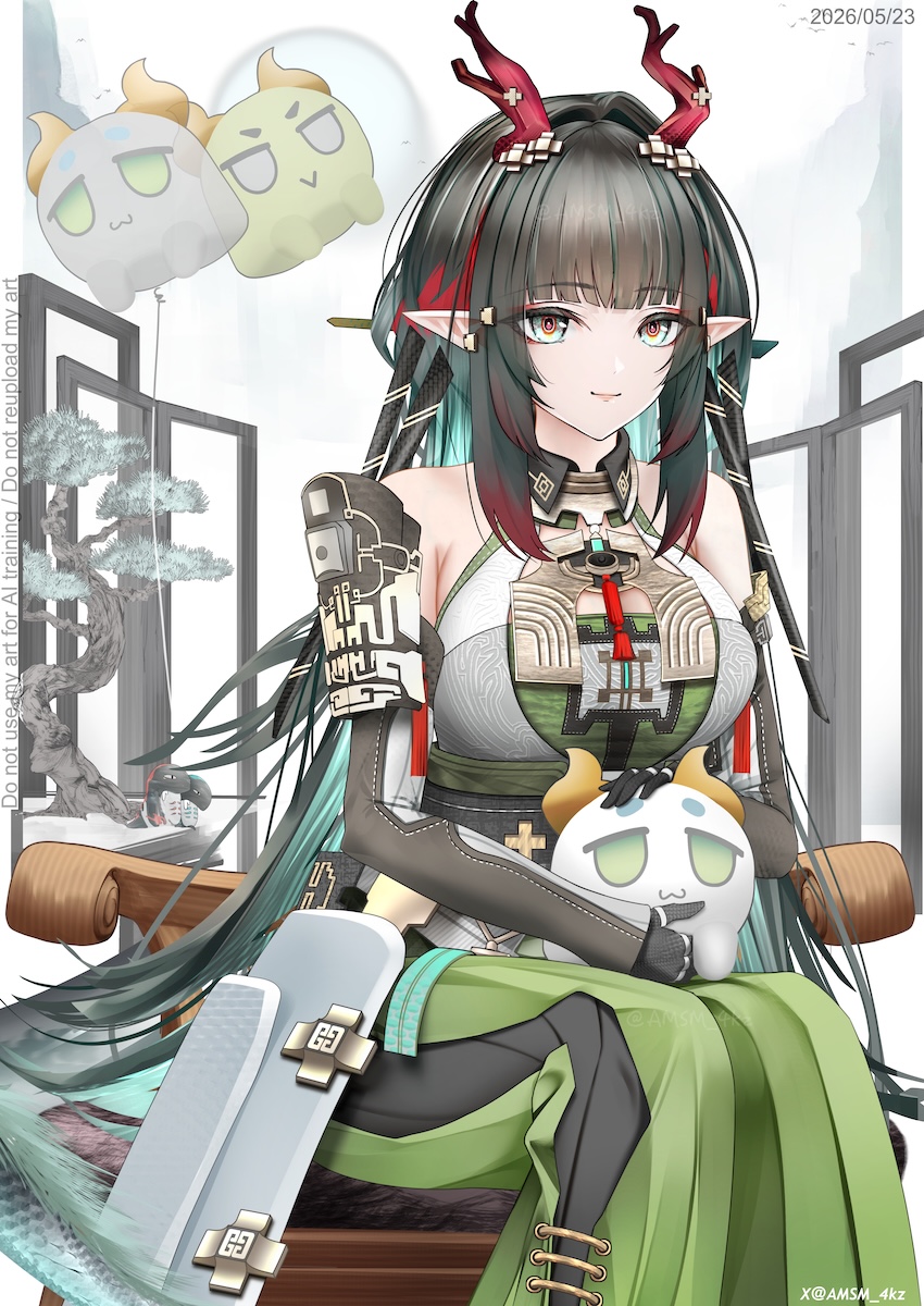 明日方舟、明日方舟：终末地、庄芳怡 (明日方舟) 1名女孩 露肩 黑色手套 黑发 乳房