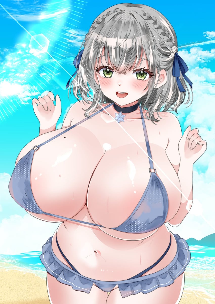 Hololive、白银诺艾尔 1名女孩 海滩 比基尼 蓝色比基尼 脸红