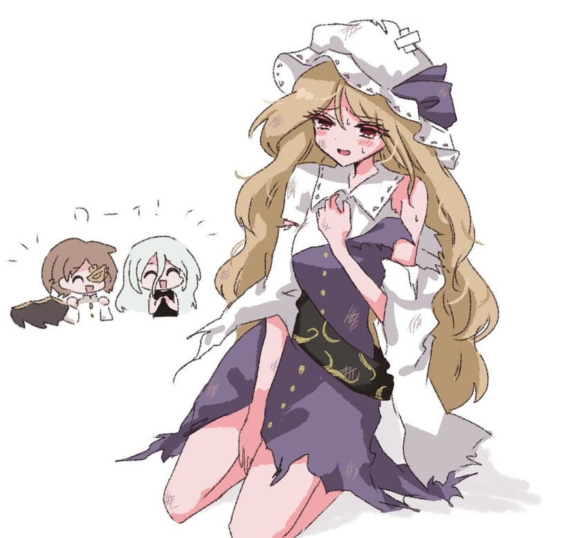 东方Project、岩永亚理亚、绵月丰姬 3人女子 微笑 bandage on hat 脸红 棕发
