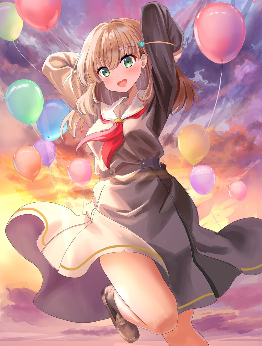 Love Live!、Love Live! 莲之空女学院学园偶像部、日野下花帆 1名女孩 :D 举起双手 气球 黑袜