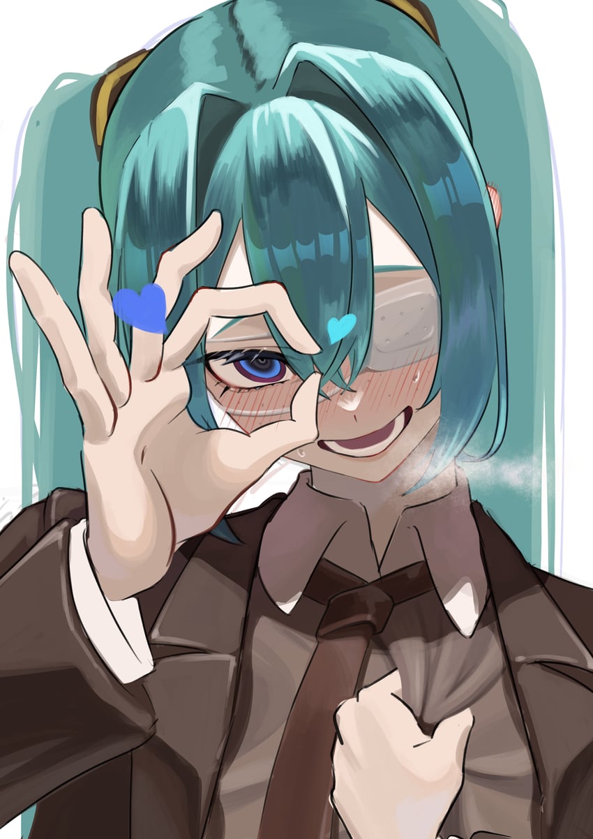 监控 (Vocaloid)、VOCALOID、初音未来 1名女孩 水色发 蓝眼 脸红 棕色夹克