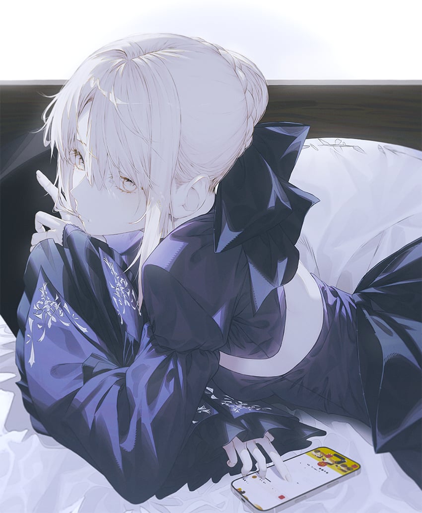 Fate/stay night、Fate系列、阿尔托莉雅·潘德拉贡 (Fate) 1名女孩 露背 黑色连衣裙 黑色丝带 金发