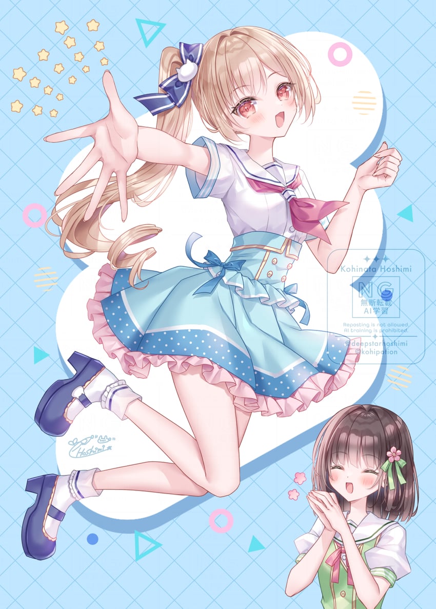 原创、坊出美羽、绿川樱 2名女孩 :D 微笑 蓝色背景 蓝色蝴蝶结