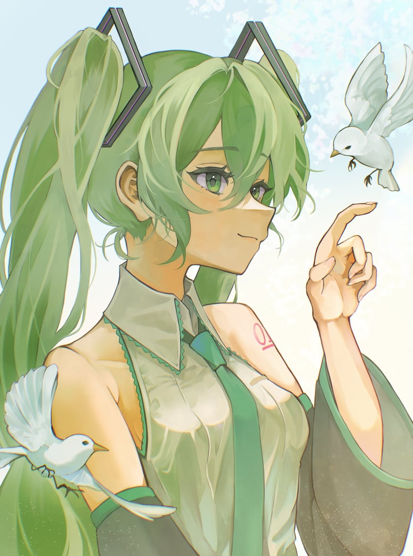 VOCALOID、初音未来 1名女孩 动物 水蓝色领带 水蓝色饰边 鸟