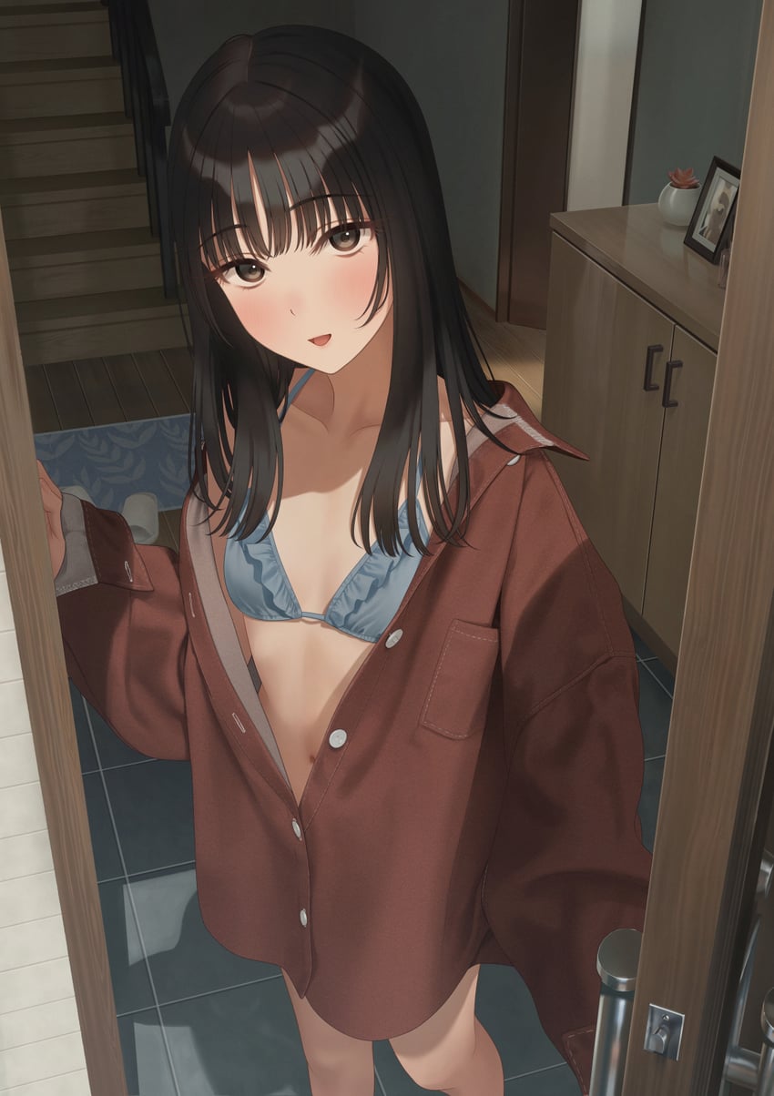 原创、midori (momikyo) 1名女孩 黑发 蓝色胸罩 胸罩 胸袋