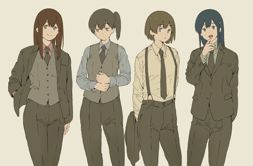 舰队Collection、赤城 (舰娘)、飞龙 (舰娘) 4个女孩 整理袖口 替换服装 黑色夹克 黑色领带