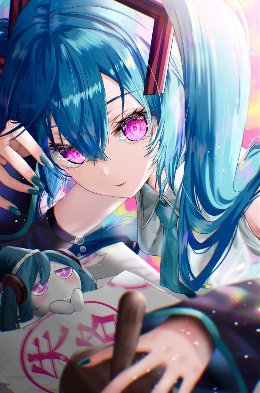 utahime shikkaku (vocaloid)、VOCALOID、Aimaina 1名女孩 水色发 水蓝色指甲 水蓝色领带 黑色袖子