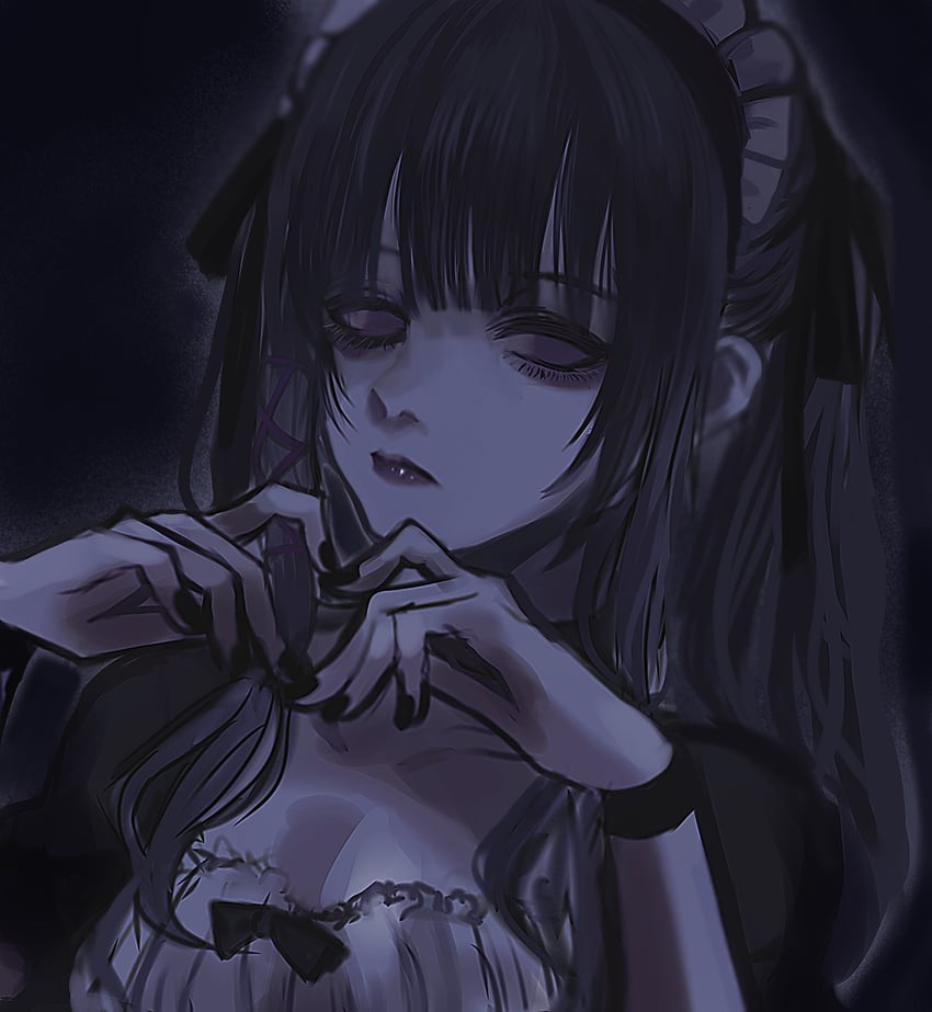 原创 1名女孩 黑色背景 黑色蝴蝶结 黑发 黑色指甲