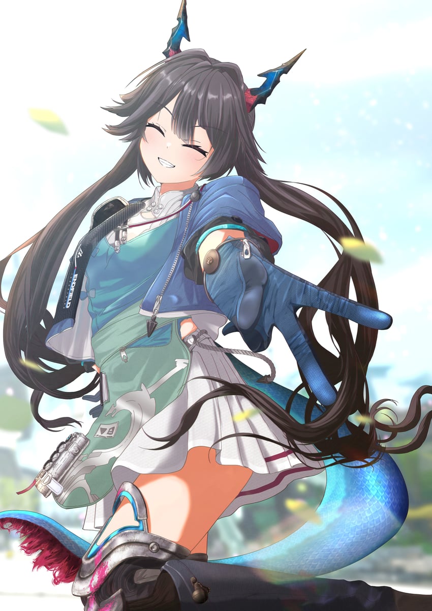 明日方舟、明日方舟：终末地、陈千语 (明日方舟) 1名女孩 黑色手套 黑发 蓝角 蓝色夹克
