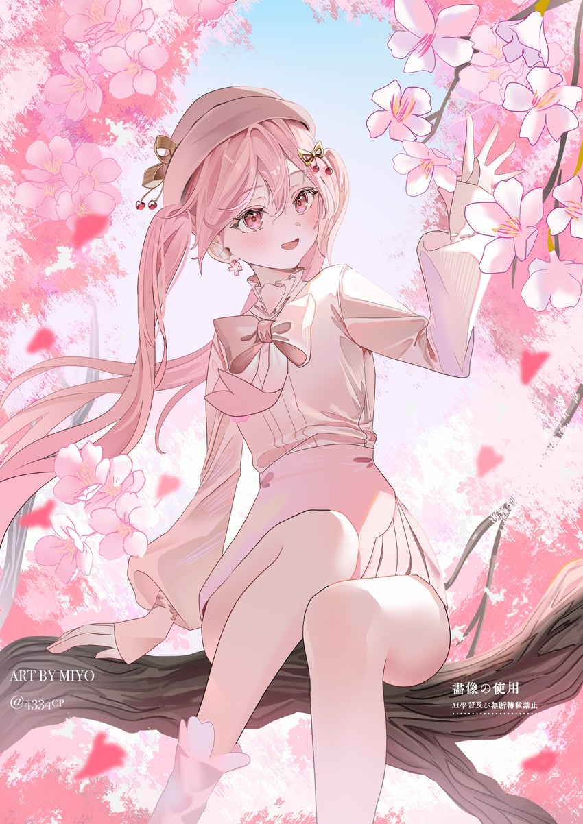 VOCALOID、初音未来、樱花未来 1名女孩 树枝 樱花 樱桃发饰 脚部不在画面内