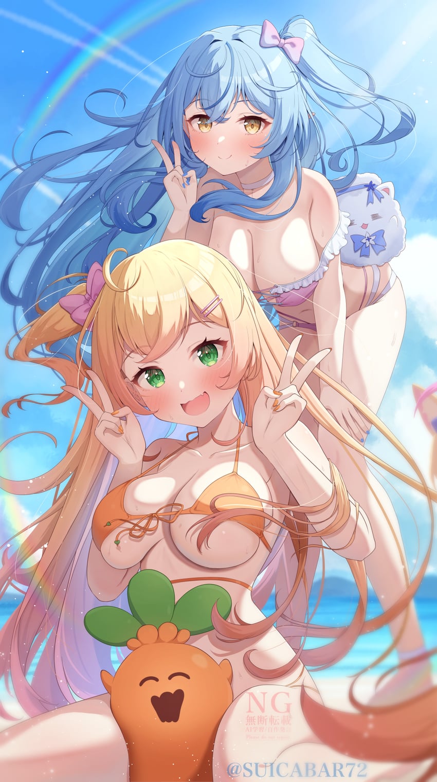 Hololive、桃铃音音、根子 2名女孩 呆毛 替换服装 腿间 比基尼