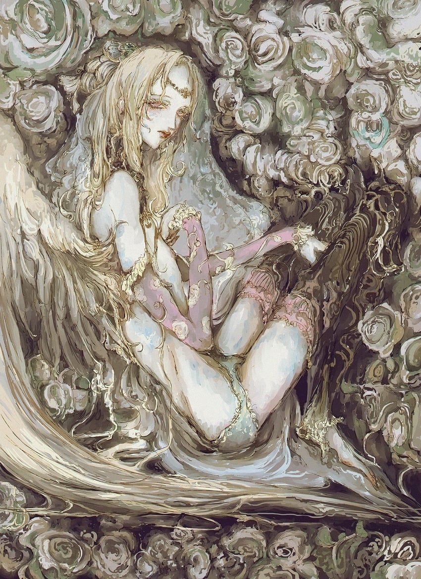 二次元插画 1名女孩 抽象背景 荒谬的长发 天使翅膀 护臂