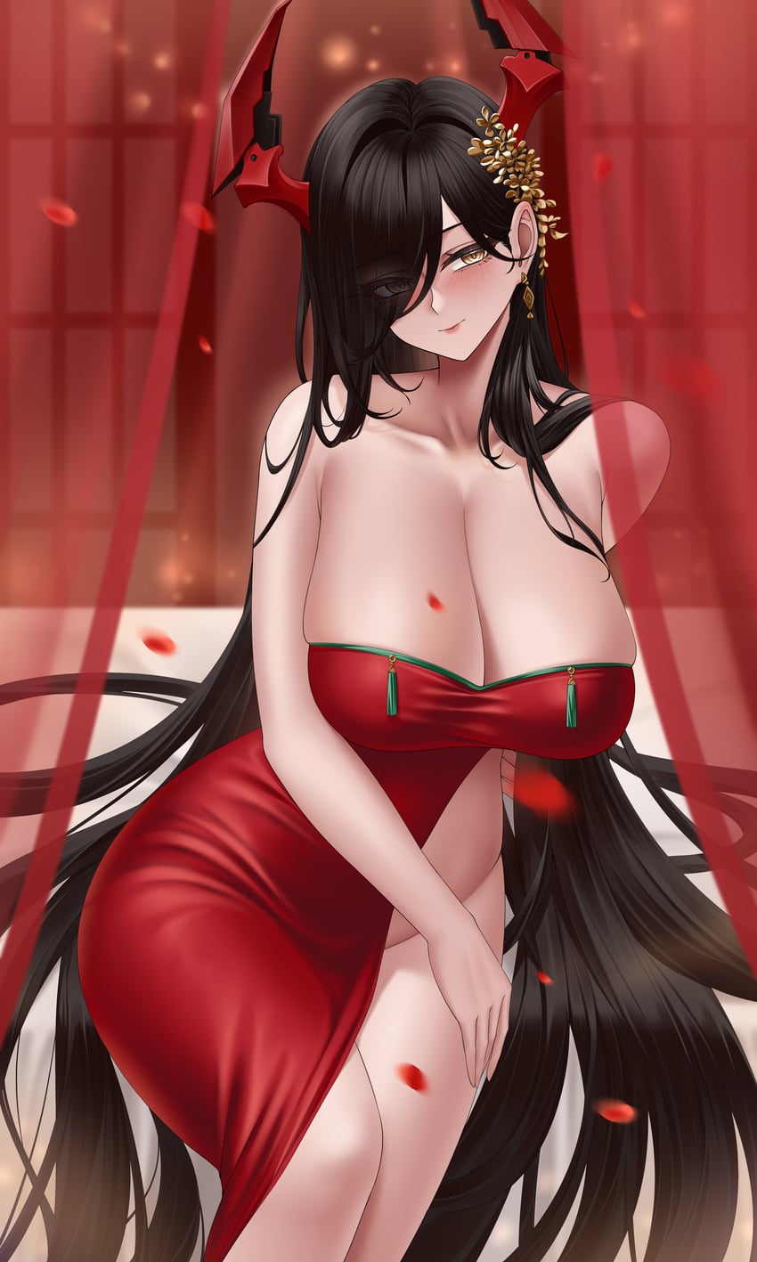 碧蓝航线、腓特烈大帝 (碧蓝航线)、腓特烈大帝 (闺房余焰) (碧蓝航线) 1名女孩 露肩 黑发 乳房 乳沟