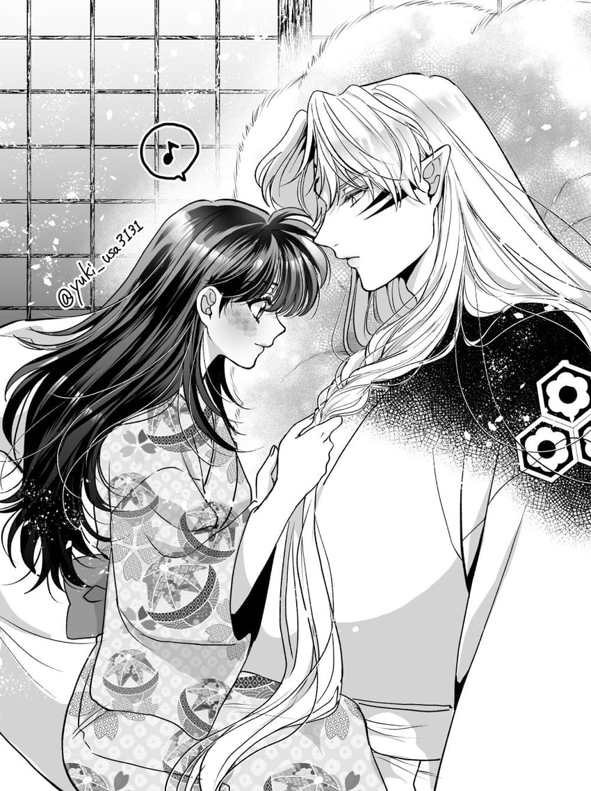 犬夜叉、铃 (犬夜叉)、杀生丸 1名男孩 1名女孩 黑发 脸红 为他人编发