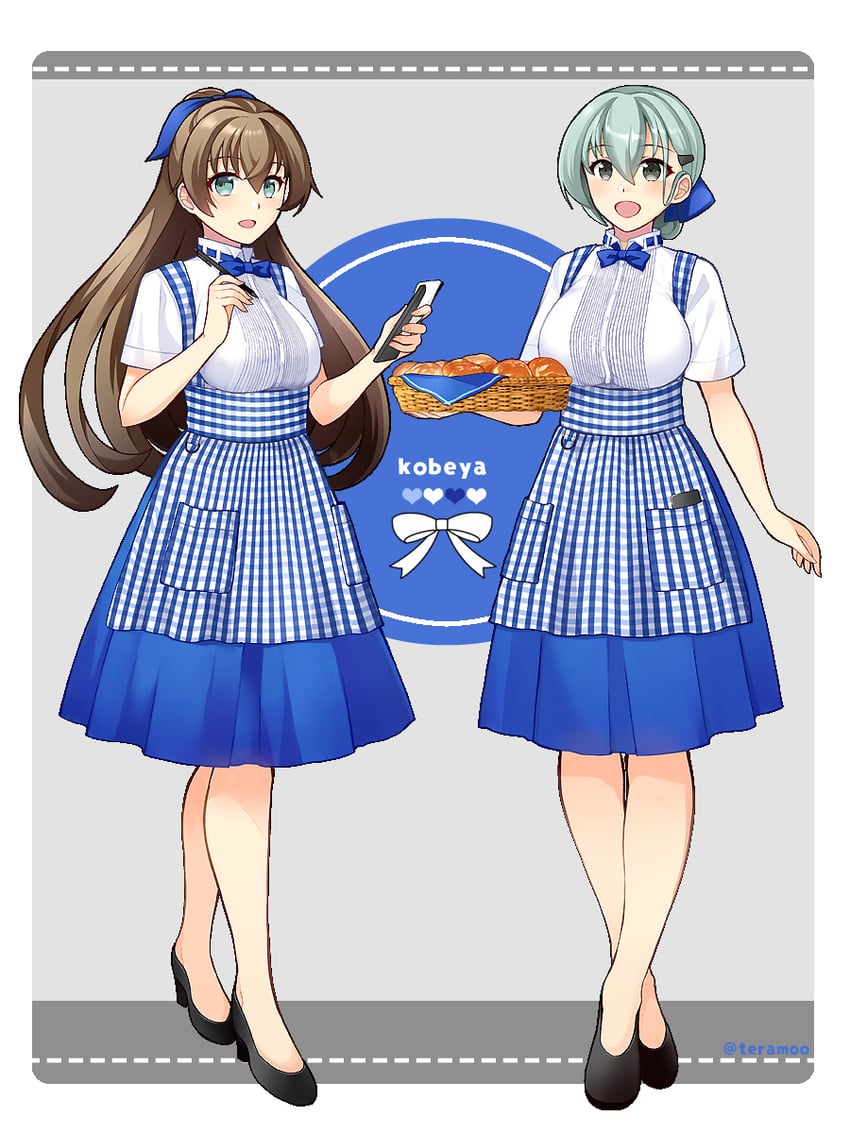 舰队Collection、熊野 (舰队收藏)、铃谷 (舰队Collection) 2名女孩 替换服装 不同发型 围裙 蓝色围裙