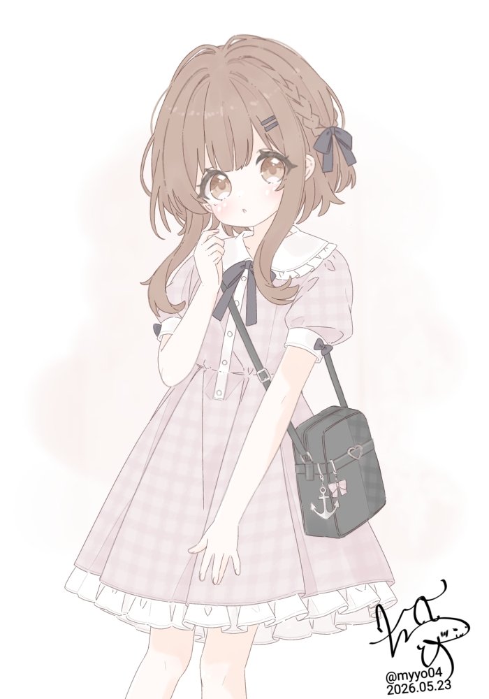 舰队Collection、鹈来 (舰队收藏) 1名女孩 锚形饰品 包 辫子 棕色连衣裙