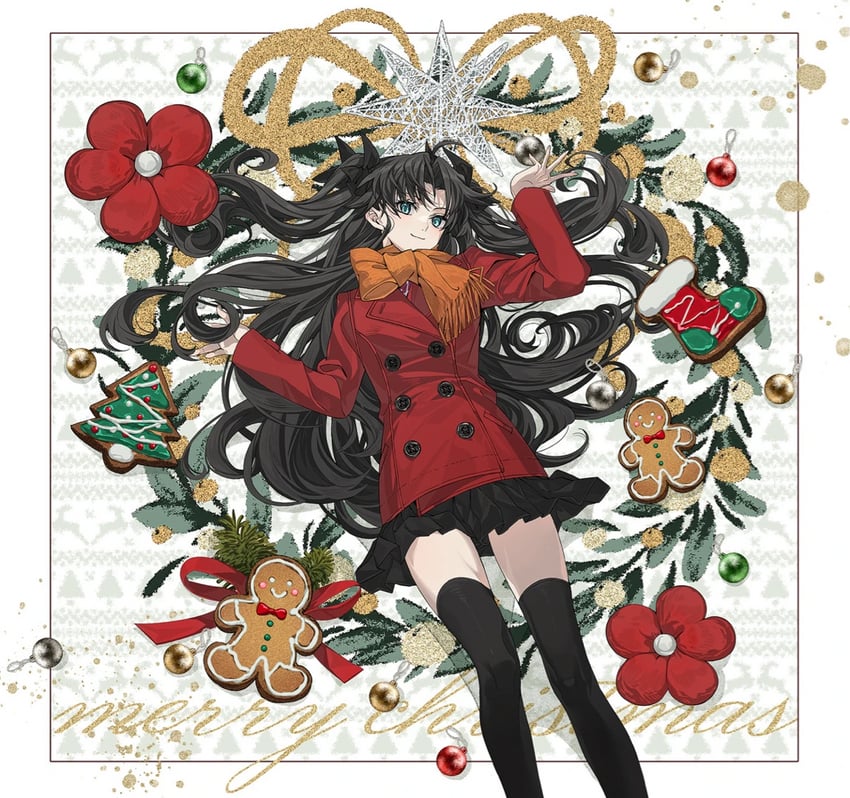 Fate/stay night、Fate系列、远坂凛 1名女孩 黑发 黑色裙子 黑色过膝袜 乳房