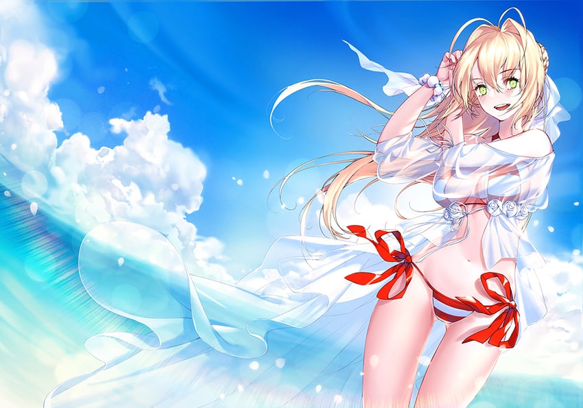 Fate/Grand Order、Fate系列、尼禄·克劳狄乌斯 (Fate) 1名女孩 整理头发 呆毛 呆毛 露肩