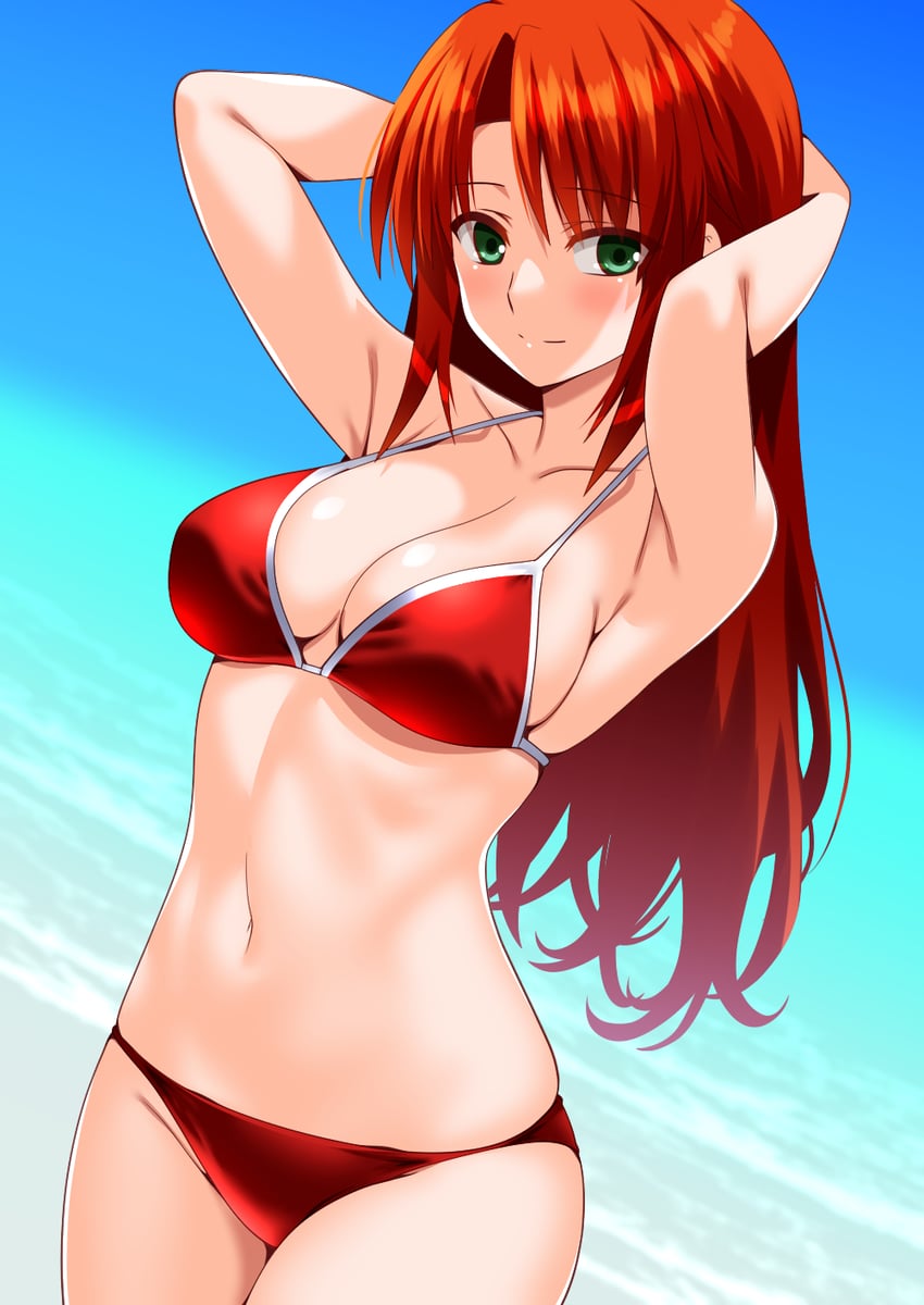 fate axis、iria strine 1名女孩 双手抱头 举起双手 海滩 比基尼