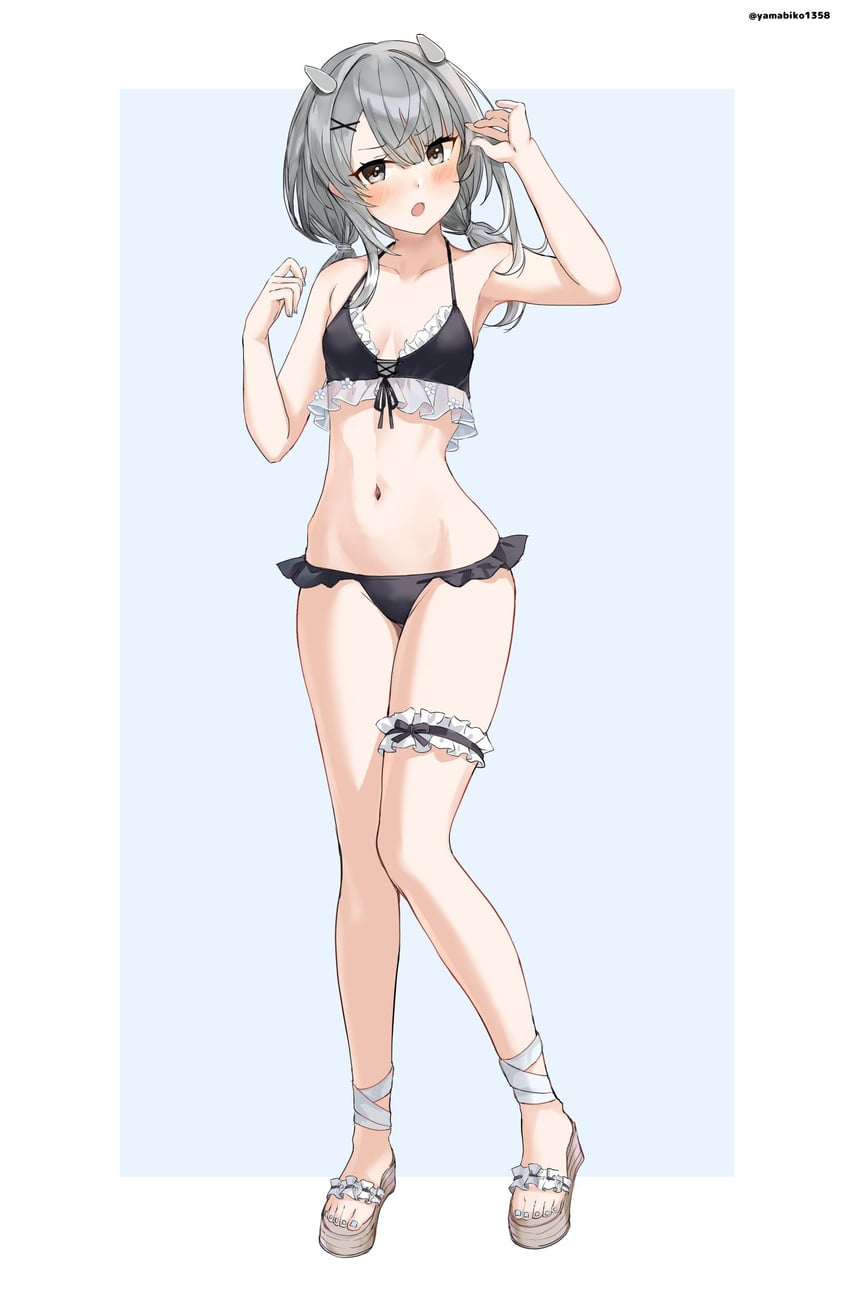 舰队Collection、伊201 (舰队收藏) 1名女孩 比基尼 蓝色背景 乳房 假角